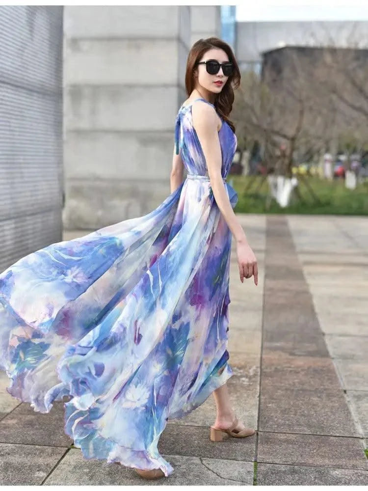 2023 New Floral Summer Sleevelss Suspender Maxi Dress for Women Sexy Backless Beach Purple Boho Robe Femme Sundress Dress Photo