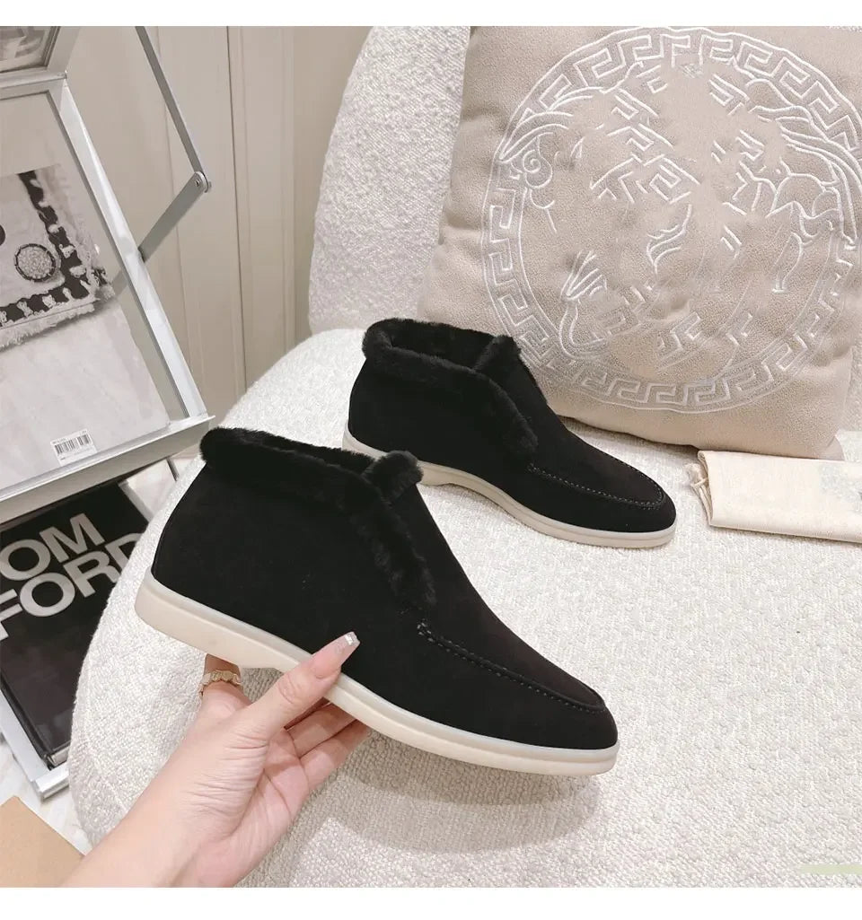 Fur Ankle Boots Women's Cow Suede Loafers High Quality 2025 Winter Flat Shoes Fur Integrated Warm Snow Boots