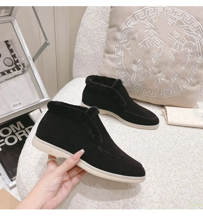 Fur Ankle Boots Women's Cow Suede Loafers High Quality 2025 Winter Flat Shoes Fur Integrated Warm Snow Boots