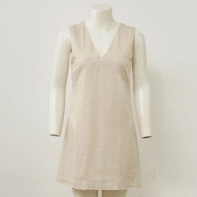 Women's Casual Linen Sleeveless Dress V-Neck Chic Elegant Cotton-Linen Blend Summer Fashion Sexy Chic New Arrival Vestidos