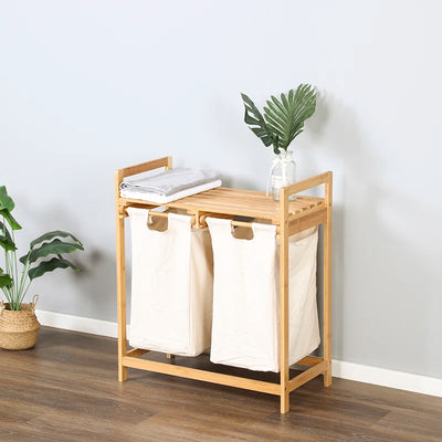Double Laundry Hamper with Shelf Wooden Storage Bin with Removable Bags 2 Sections Organize Sorter Bamboo Basket with Handles