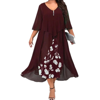 Summer Plus Size Dresses For Women New Casual Patchwork Flower Print Long Sleeve Dress Retro Elegant Female Dresses