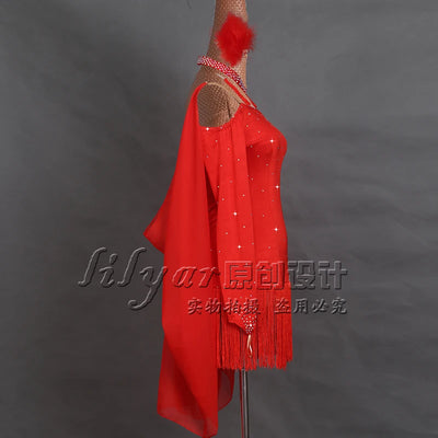 Latin Dance Performance Dress New Women's Customized Big Red Waist Fringe Dance Dress