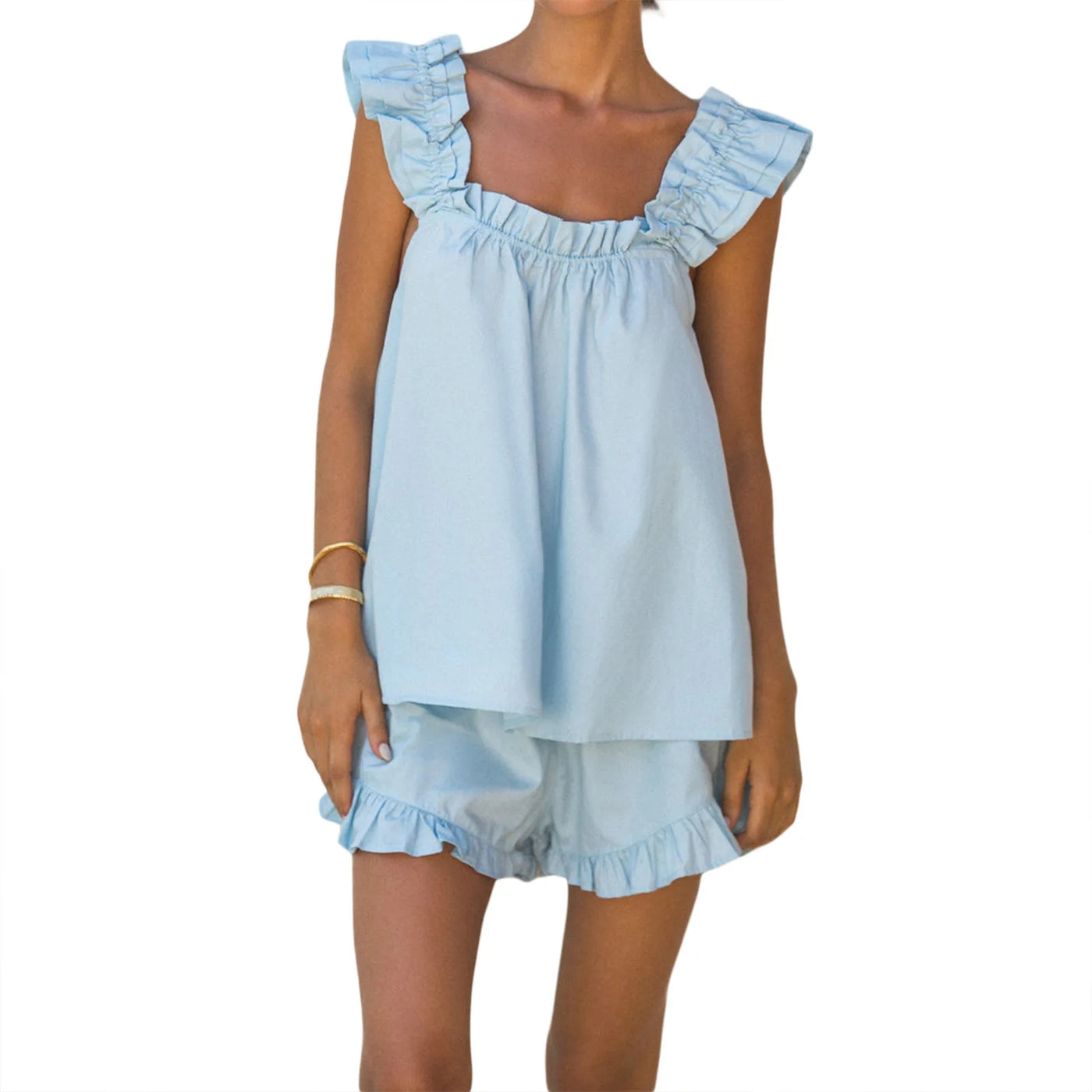 Womens Summer Solid Color 2 Pieces Set Ruffle Sleeveless Sling Square Collar Vest Shorts Tank Top Outfits Lounge Matching Sets