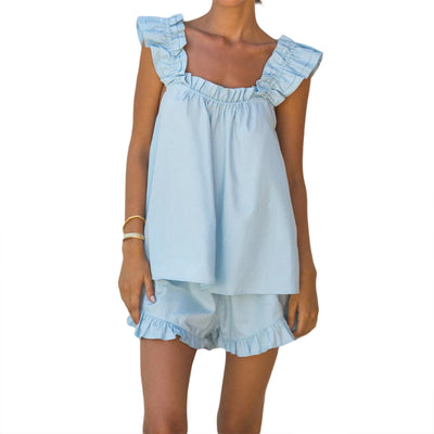 Womens Summer Solid Color 2 Pieces Set Ruffle Sleeveless Sling Square Collar Vest Shorts Tank Top Outfits Lounge Matching Sets