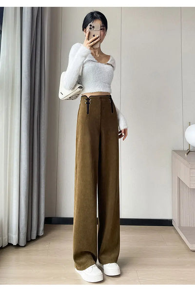 Women's Wide-leg Pants Autumn Winter Trousers New Chinese Style Folding High Waist Drooping Casual