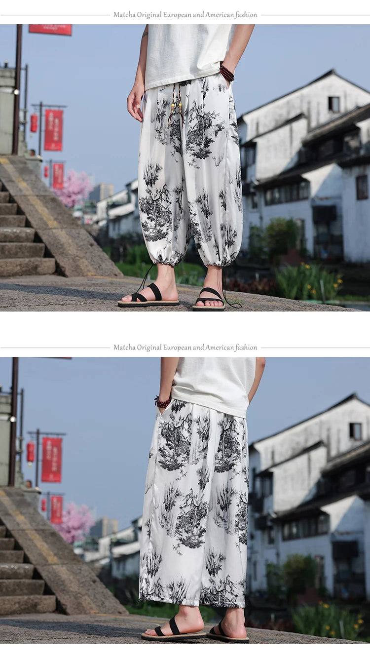 Men's Floral Wide Leg Casual Harem Japanese Yoga Harem Pants Hip hop Joggers Baggy Trousers for Men Summer Streetwaer M-XXXXXL