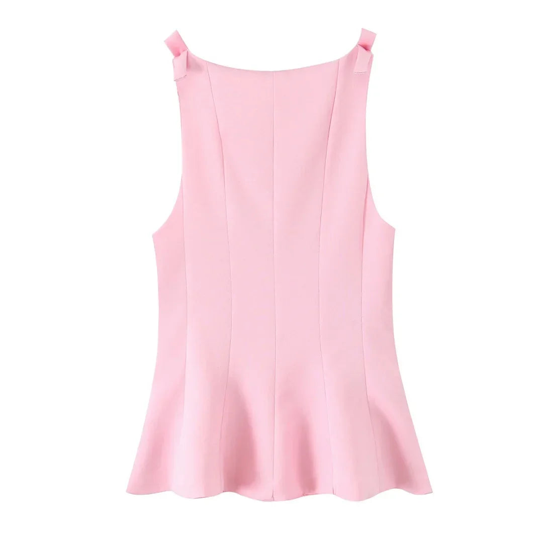 TRAF Top for Women Fashion Summer Short Skirt Hem Bow Sleeveless O-neck Blouse Street Clothing Vest Tank Chic Ladies Tops Mujer