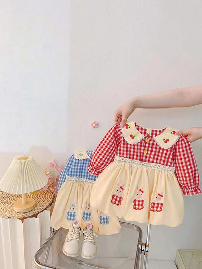 Rabbit Embroidery Cherry Lace Checkered  Peter Pan Collar Dress For Toddler |Girl  1-4Y Infant Girl Princess Dress|New Arrival