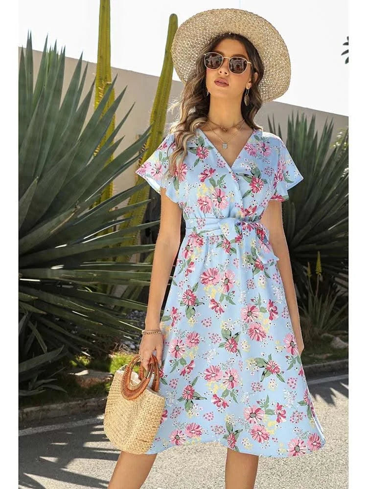 Floral Print Midi Dress Women Robe Elegant Chic