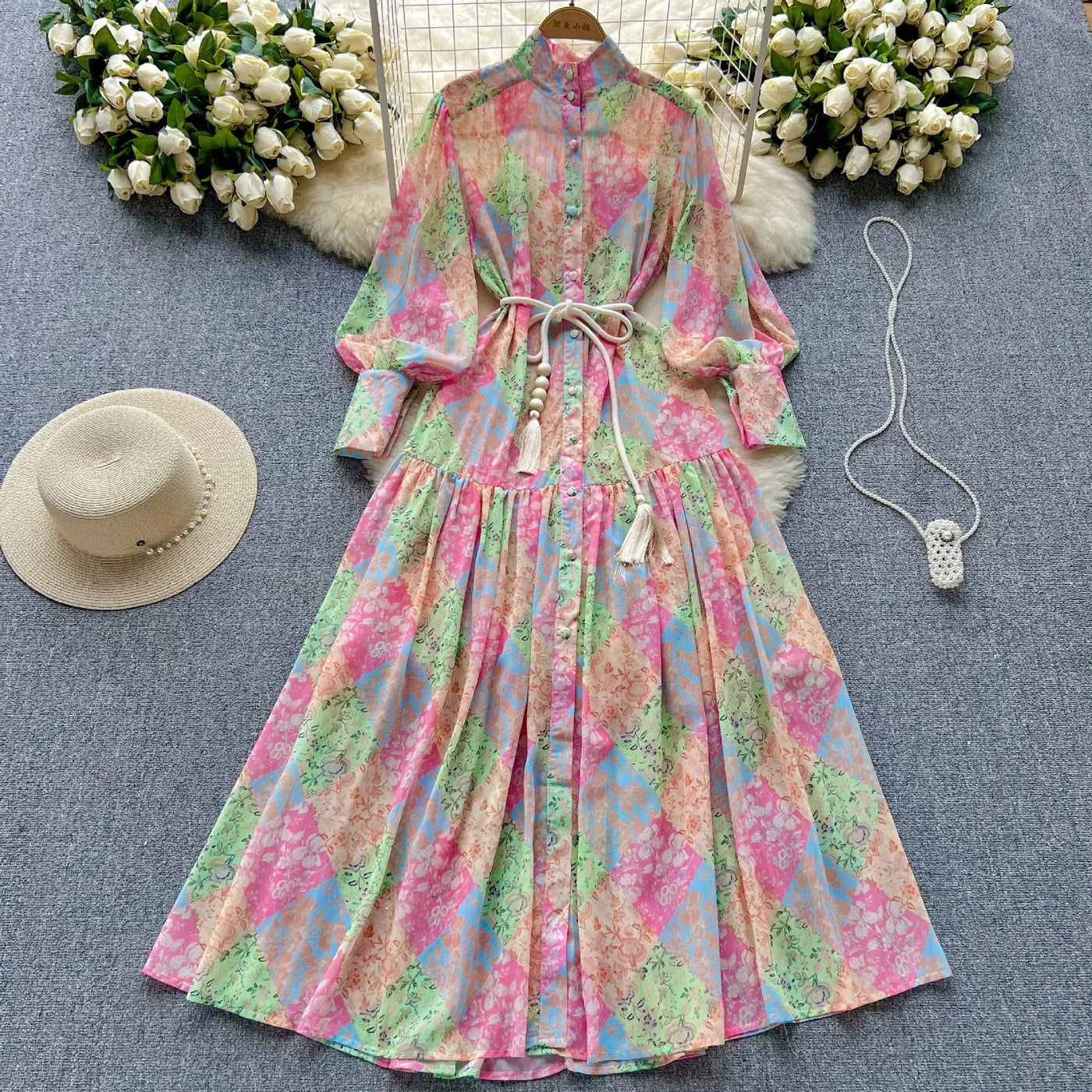 Long Dress Women Dresses A Line Chiffon Vestidos Stand Collar Streetwear Floral Print Elegant Splice Y2k Party Night High Waist