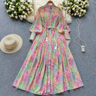 Long Dress Women Dresses A Line Chiffon Vestidos Stand Collar Streetwear Floral Print Elegant Splice Y2k Party Night High Waist