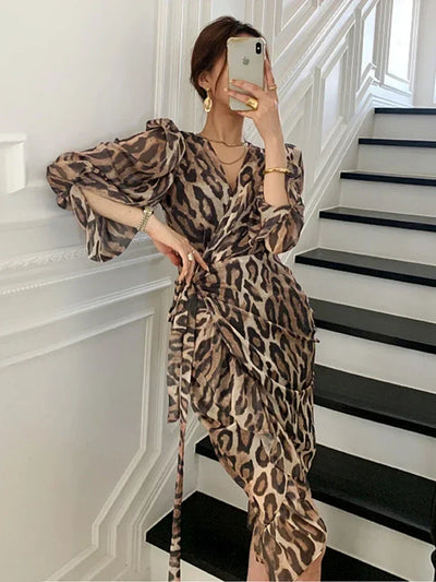New Fashion Leopard Print Casual Dresses for Women Sexy V-Neck Chicly Lace-Up Slim Waist Basic Long Sleeve Simple Female Dresses