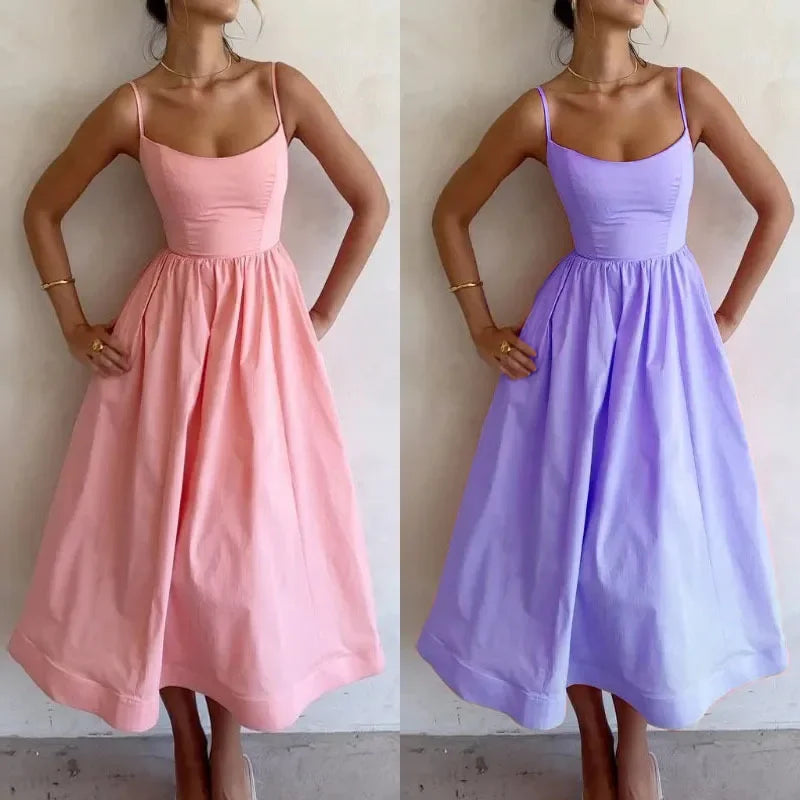 Women's Off The Shoulder Midi Dress 2024 Summer New Solid Color Sexy U-Neck Strap Large Swing Dress For Women Vestidos De Mujer