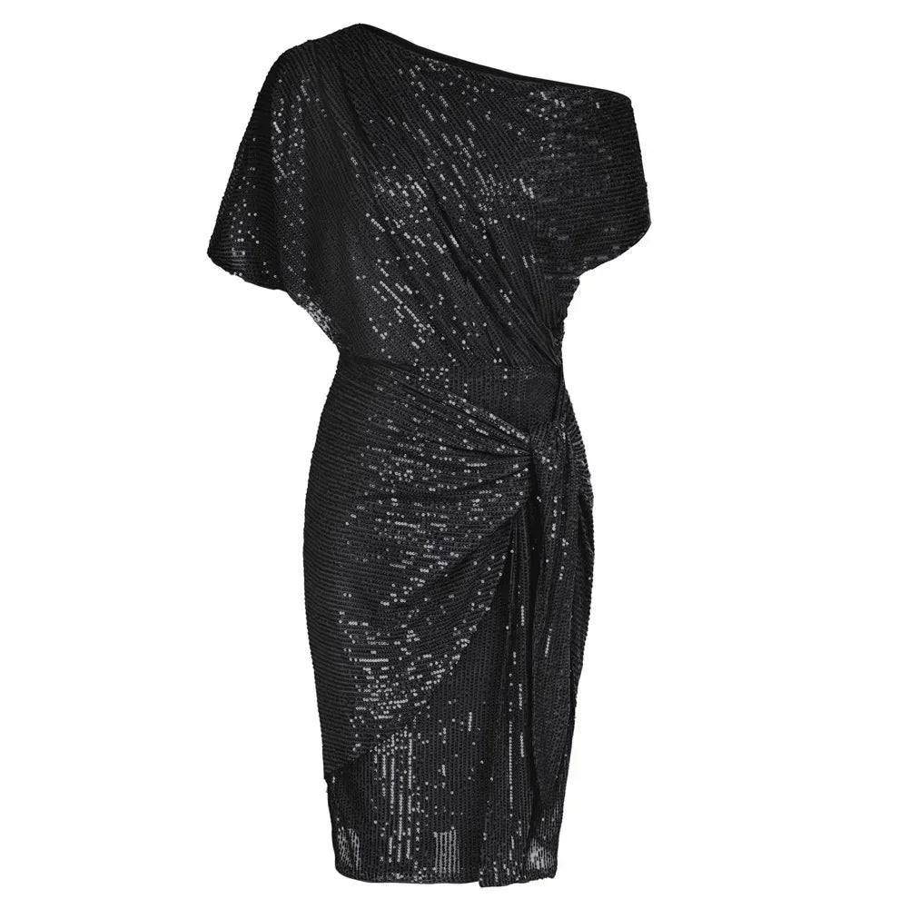 Elegant Party Dress Cocktail Dresses for Women Sequined Summer Ruched Short Sleeve Asymmetric Off Shoulder Bodycon Dress Vestido