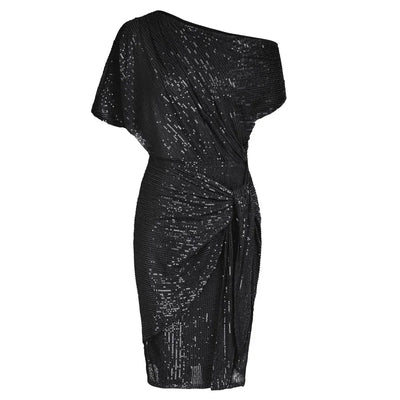 Elegant Party Dress Cocktail Dresses for Women Sequined Summer Ruched Short Sleeve Asymmetric Off Shoulder Bodycon Dress Vestido