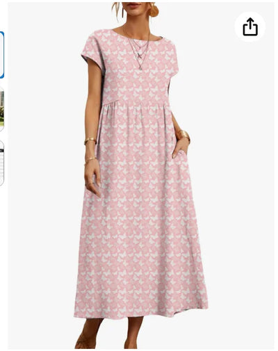 Women's Summer Dresses, Short Sleeves, Midi Casual Dresses with Pockets, Flowy T-Shirt Dresses, Floral Resort Beach Vest Dresses