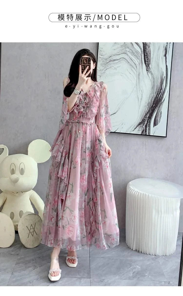 Women Sexy Off Shoulder V Neck Floral Print Dress Summer Gorgeous Flower Pink Chiffon Cascading Ruffles Evening Party Prom Robe