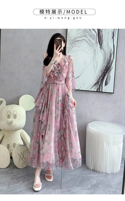 Women Sexy Off Shoulder V Neck Floral Print Dress Summer Gorgeous Flower Pink Chiffon Cascading Ruffles Evening Party Prom Robe