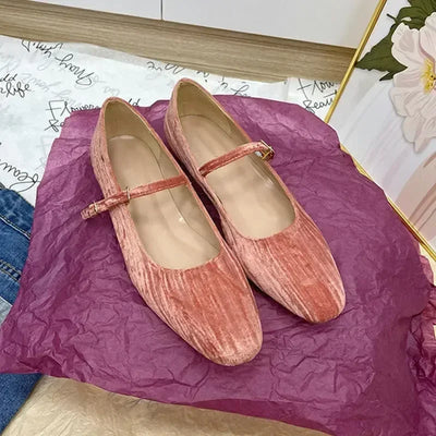 2025 Women Shoes Luxury Velvet Ballet Shoes Women Square Toe Flat Mary Janes Ladies Fashion Buckle Strap Velour Shallow Loafers