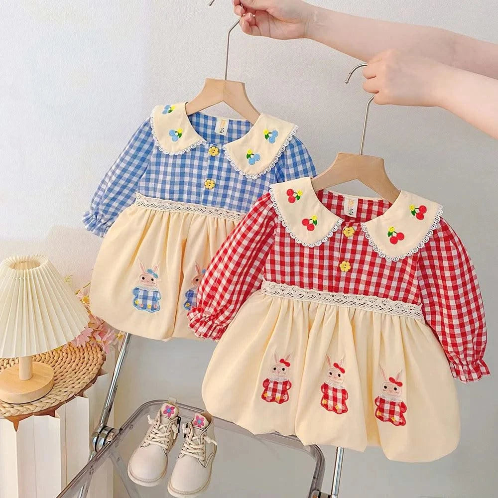 Rabbit Embroidery Cherry Lace Checkered  Peter Pan Collar Dress For Toddler |Girl  1-4Y Infant Girl Princess Dress|New Arrival