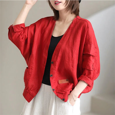 Fashion Cotton Linen Short Jacket For Women Spring Autumn New  Retro Loose V-Neck Thin Casual Top Coat Sunscreen Clothing