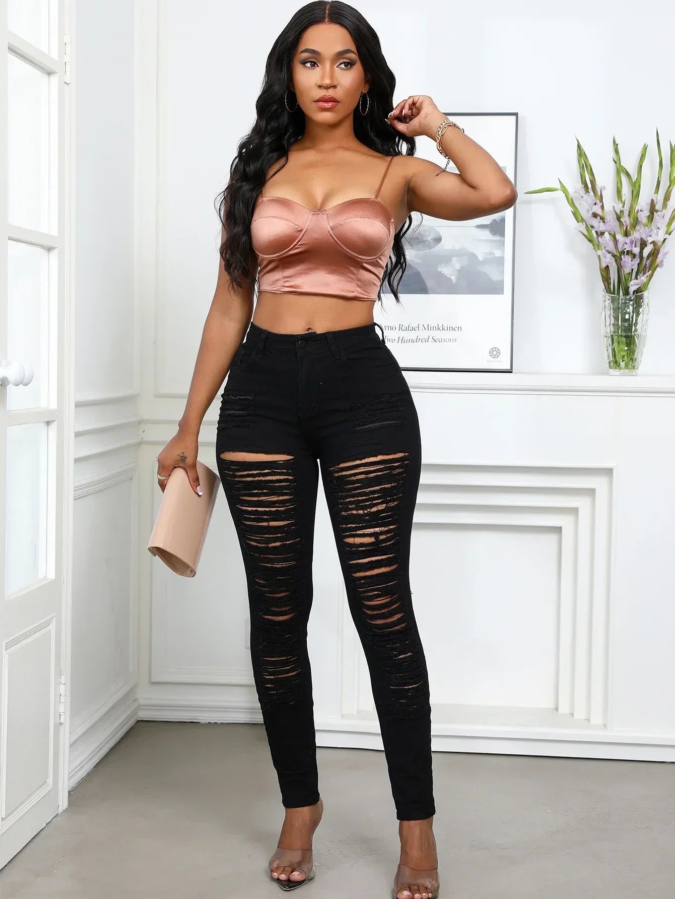 Women's Spring and Fall Fashion Elastic Ripped Jeans Women Casual Close-fitting High-waisted Denim Small Leg Pants Pencil Pants