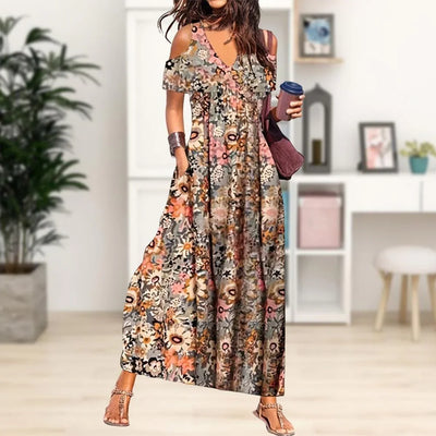 Women Summer Dress Flower Print Hollow Out Short Sleeves V Neck Dress-up Pleated Off Shoulder Soft Maxi Dress Women Clothes