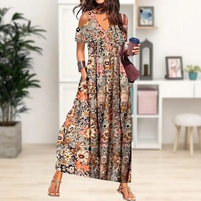 Women Summer Dress Flower Print Hollow Out Short Sleeves V Neck Dress-up Pleated Off Shoulder Soft Maxi Dress Women Clothes