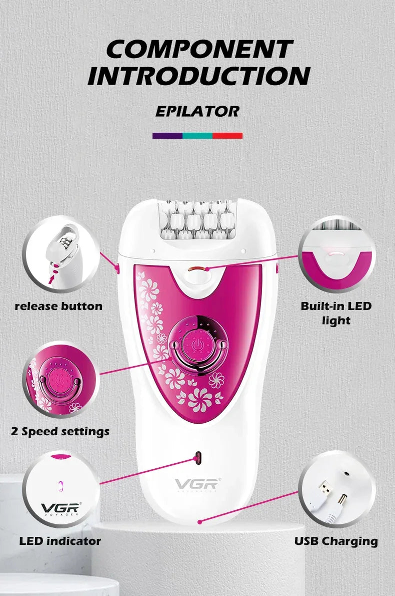 VGR Electric Epilator Women  Rechargeable Electric Shaver Whole Body Available Painless Depilat Female Hair Removal Machine 722