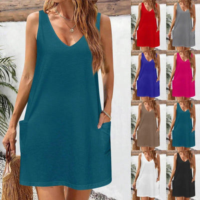 Womens Summer Dresses Plain Loose V Neck Sleeveless Sundresses Swimsuit Coverup With Pockets Vestidos Para Mujer платье женское