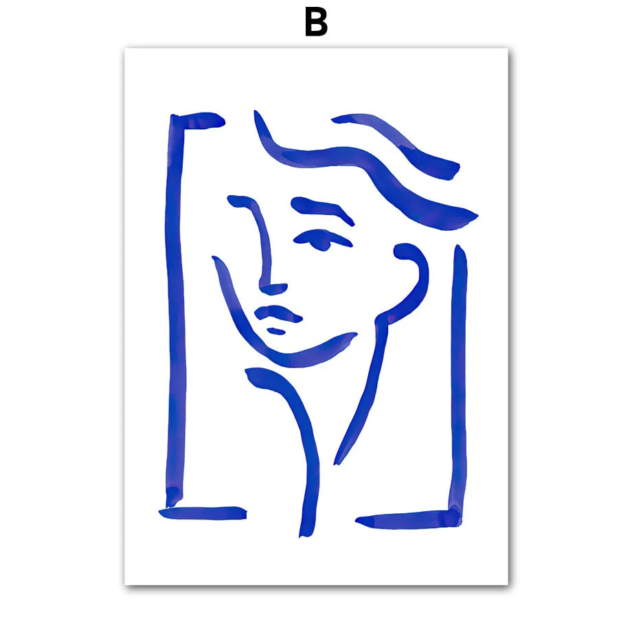 Wall Art Mural Print Canvas Pictures Blue Girl Body Pigeons Line Minimalist Abstract Living Room Home Decoration Painting Poster