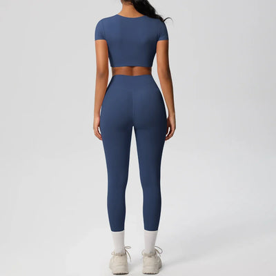 Yoga Set 2 Pieces Women Tracksuits Workout Sportswear Gym Clothing Fitness Short Sleeve With Padded High Waist Leggings Suits