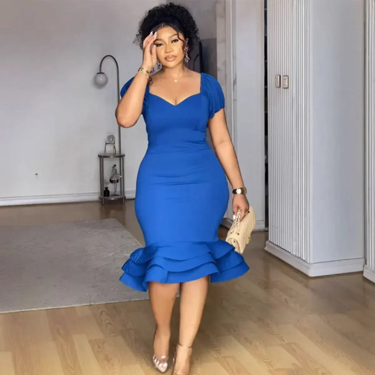 Elegant Party Dress for Women Ruffle Evening Dresses Lantern Short Sleeve Fishtail Tiered Wedding Dress Women