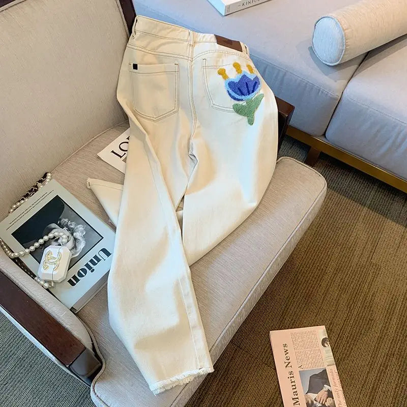 White Jeans For Women Spring High Waist Fashion Flower Design Straight Denim Pants Chic Loose Wide Leg Casual Trousers