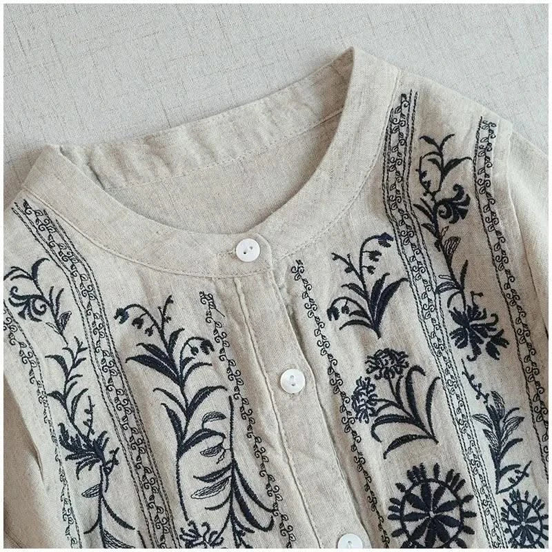 Cotton Linen Floral Embroidery Blouses Shirts For Women Tops Loose Oversize Lantern Long Sleeve Casual Boho Beach Summer Blusas