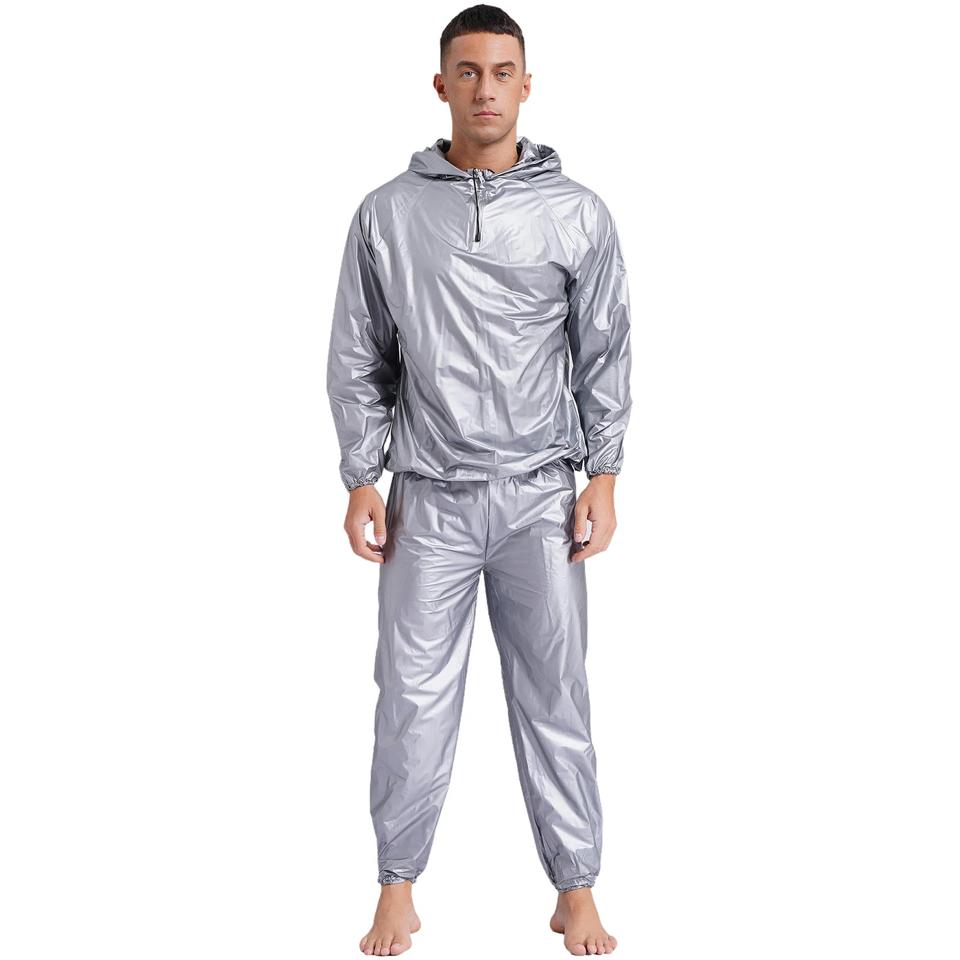 Mens Sauna Sweat Outfit Long Sleeve Hooded Jacket Outerwear and Elastic Waist Long Pants PVC Sweating Suit for Gym Workout