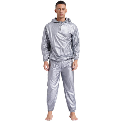 Mens Sauna Sweat Outfit Long Sleeve Hooded Jacket Outerwear and Elastic Waist Long Pants PVC Sweating Suit for Gym Workout