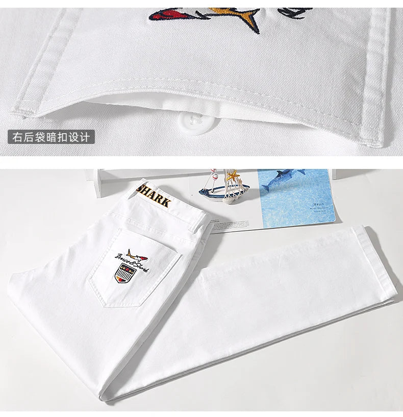 2024 New Summer White Jeans for Men Bruce&Shark  Designer Luxury Men's Jeans Loose Fit Stretch Cotton Casual Fashion Big Size 42