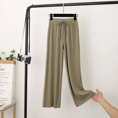 New Women Ankle-Length Wide Leg Pants Casual Summer Solid Elastic Waist Loose Ice Silk Pants Spring Summer Female Trousers