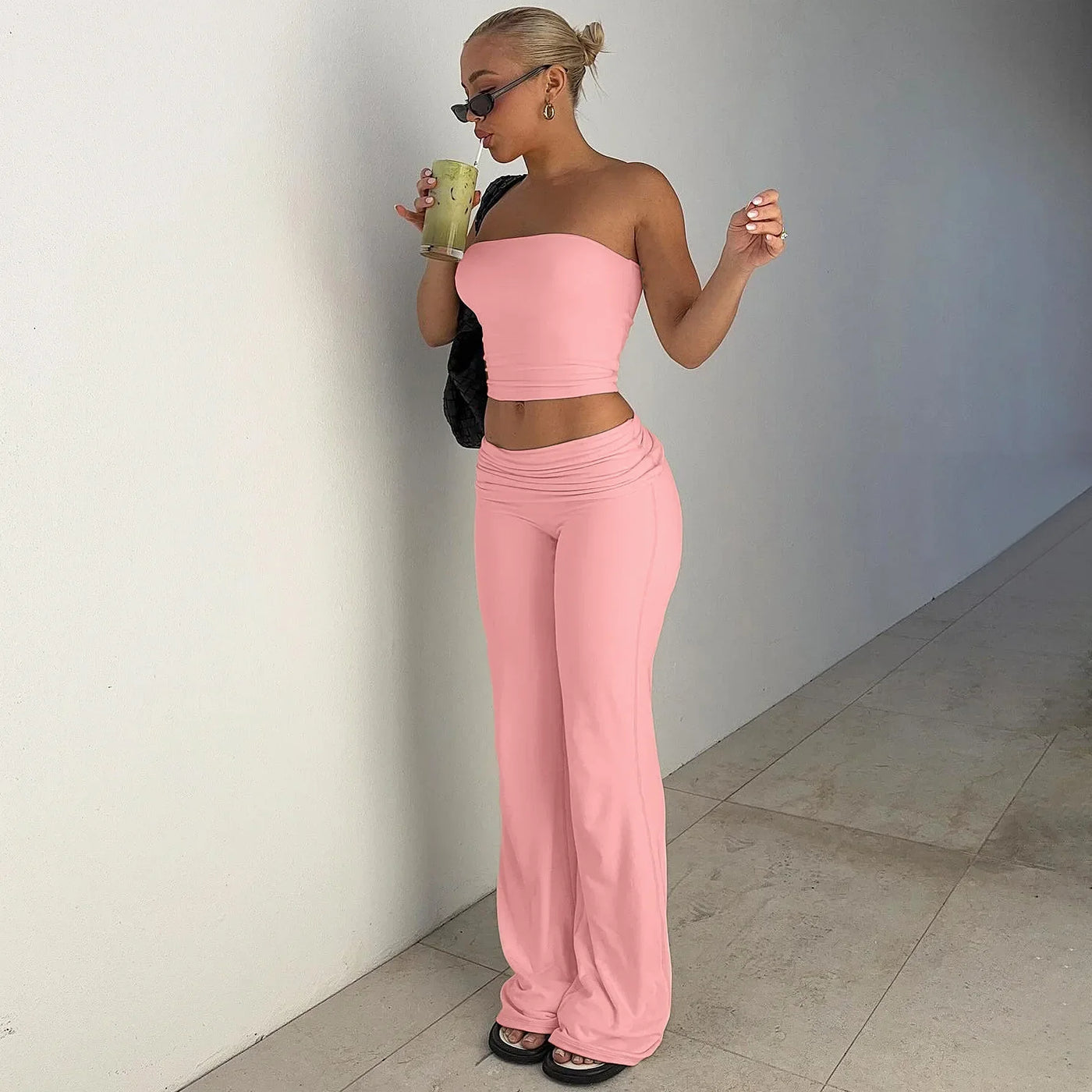 Women's Clothing 2025 Spring Fashion New Item Solid Color Strapless Top Flared Pants Fashionable Slim Fit Sports Suit for Women