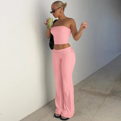 Women's Clothing 2025 Spring Fashion New Item Solid Color Strapless Top Flared Pants Fashionable Slim Fit Sports Suit for Women