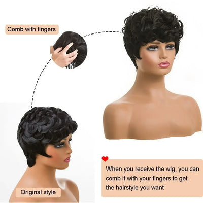 Human Hair Short Pixie Wigs for Black Women Short Black Curly Pixie Wig Short Hair Wigs for Black Women Natural Wavy Black Wig