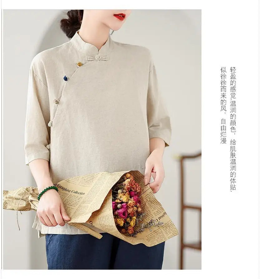 New Women's Retro Cotton Linen Short-sleeved Shirt with Diagonal Placket and Stand-up Collar Tea Top
