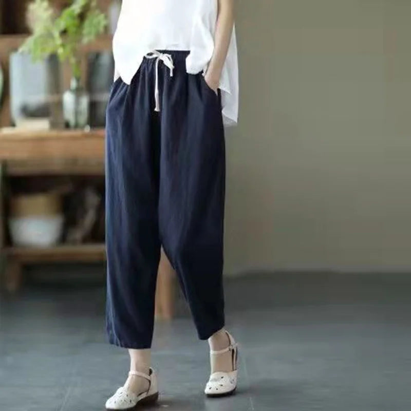 2024 Spring Summer Cotton Linen Pants Women Solid Color Casual Ankle-length Pant Woman Lace-up Waist Loose Trousers