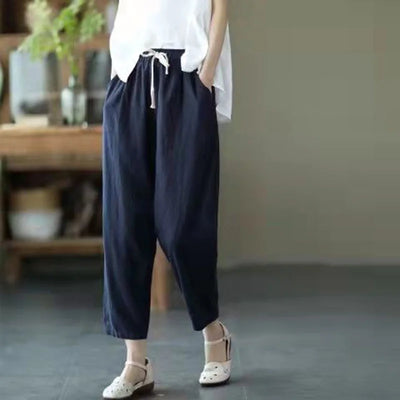 2024 Spring Summer Cotton Linen Pants Women Solid Color Casual Ankle-length Pant Woman Lace-up Waist Loose Trousers