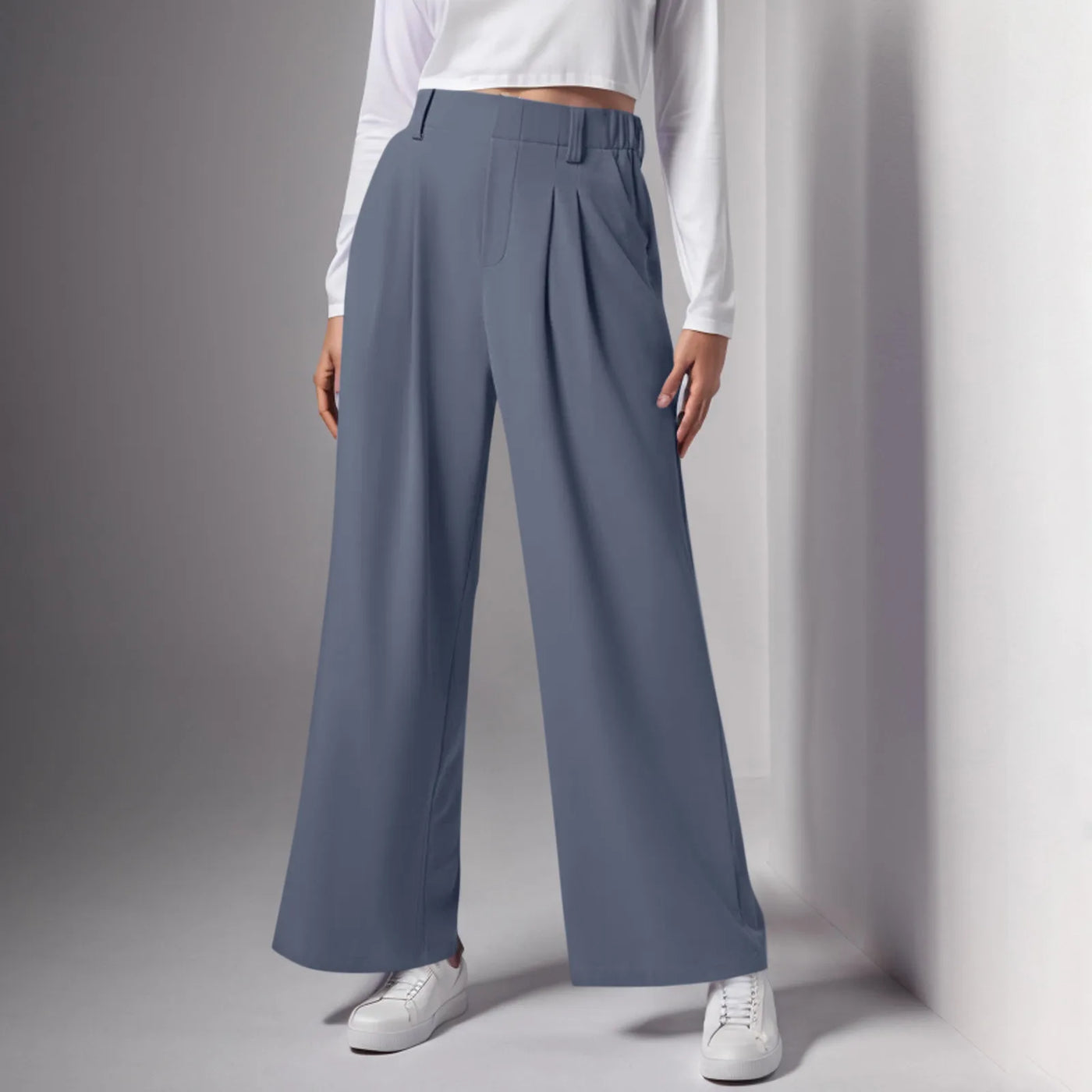 Wide Leg Pants Elastic High Waist Casual And Versatile Suit Pants For Female Simple Fashion Nine Length Trousers With Pockets