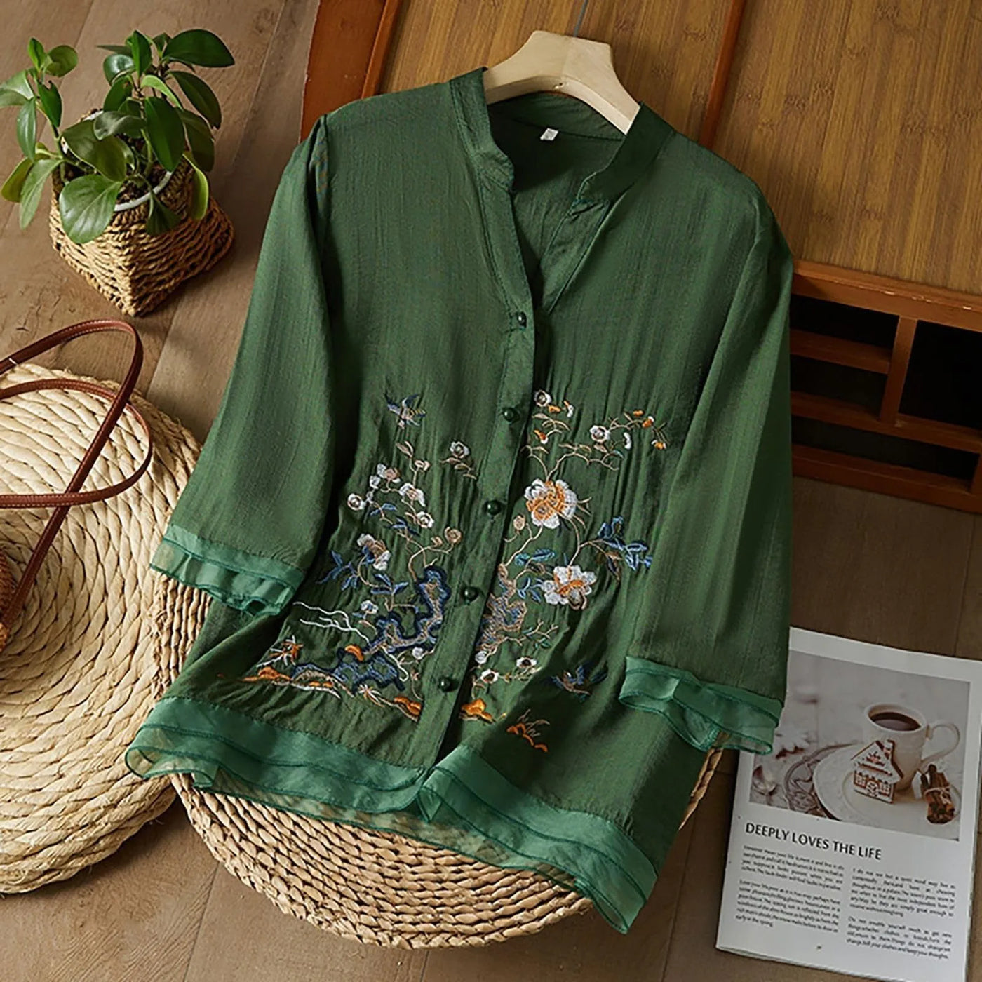 3/4 Sleeve Cotton Linen Shirts For Women 2025 Summer Boho Retro Embroidered Tops Dressy Casual Trendy Vacation Blouse Y2K Tops