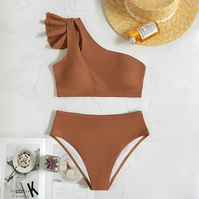One Shoulder Bikinis 2025 Women Ruffle Swimsuit Solid High Waist Swimwear Female Padded Bathers Bathing Swimming Suit Beachwear