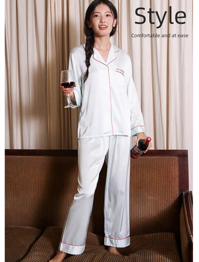 Women Sleepwear Loungewear Loose 2 Pieces Print Sweet Long Sleeve Lapel Neck Shirt Tops Elastic Waist Pants Pajamas Set